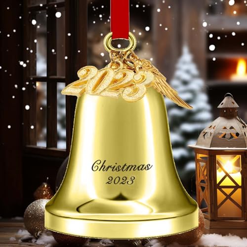 Campana de Navidad dorada de metal, decoración anual para árbol de Navidad 3