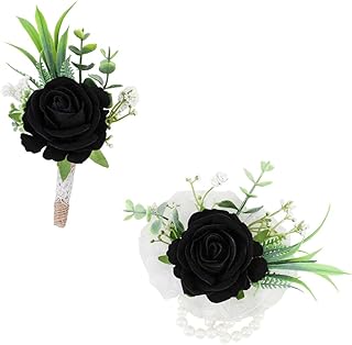 Ansofi Corsage and Boutonniere Set Artificial Rose Flower Wrist Corsage and Boutineers for Groom Groomsmen Bride Bridesmaids Prom Rustic Vintage Wedding Decor (Black)