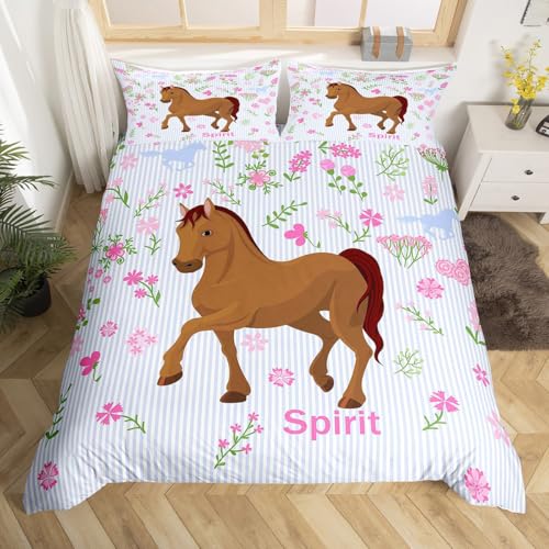 Juego de ropa de cama para niñas, diseño de caballo de granja con dibujos animados, floral, funda de edredón para bebé, niña, rayas rosas, azules, funda de edredón transpirable, tamaño de cuna