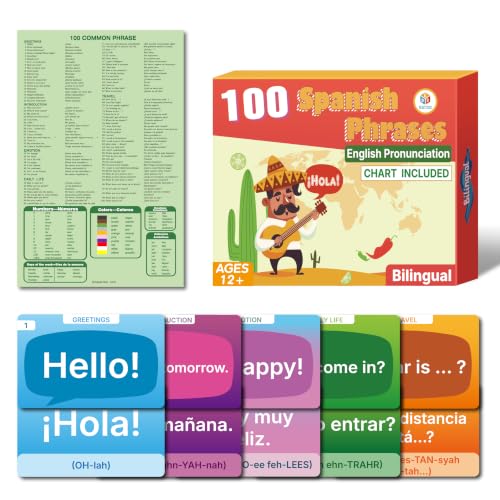100 Spanish English Bilingual Phrases Flash Cards and Phrases Chart...