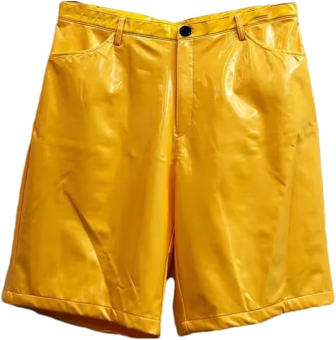 Men Reflective PU Leather Knee Pants Nightclub Bar Shorts Cropped Trousers Large Size Hip Hop Dance Costume