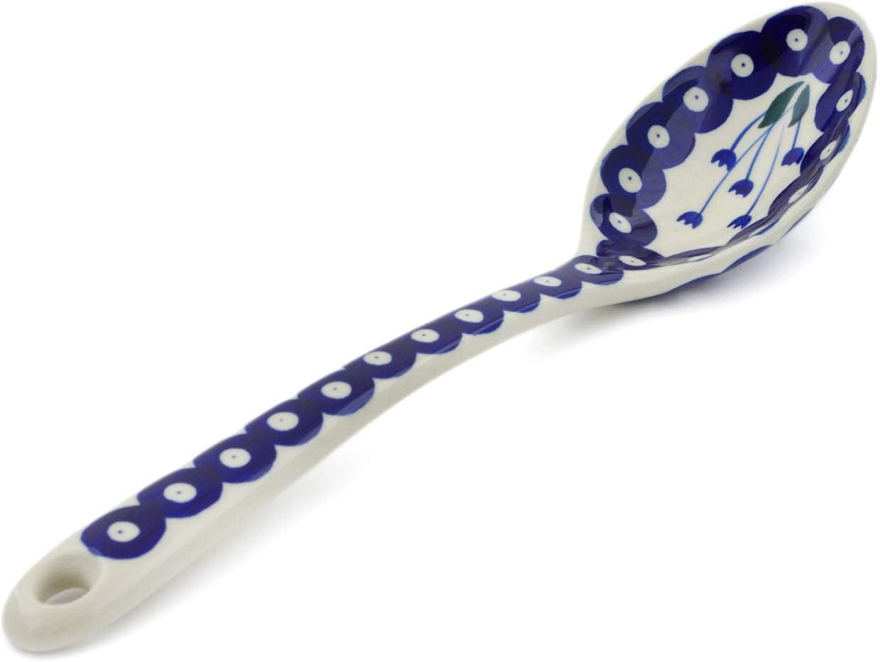 Polmedia Polish Pottery Serving Spoon - Blue Tulip Peacock Pattern Handmade in Boleslawiec Poland by Ceramika Artystyczna + Certificate of Authenticity