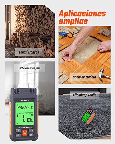 Miniatura 5 de Toptes Ts-630 Medidor Humedad De Pared Y Madera Con Pantalla Retroiluminada Tricolor, Medidor Temperatura Y Humedad, Pantalla Lcd De 2,25 Pulgadas - Naranja