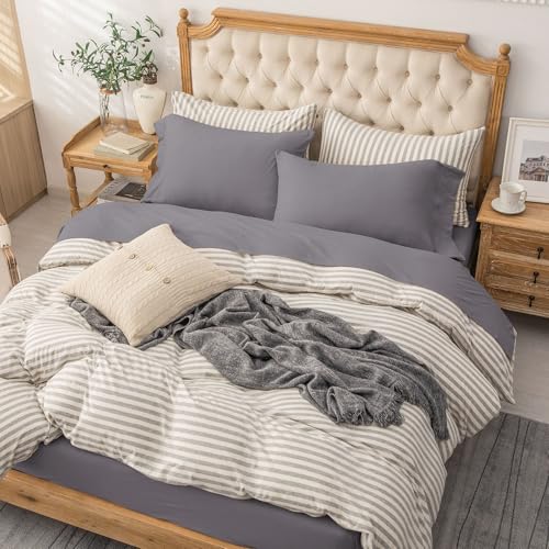 PURE ERA Jersey Knit 4pc Bed Sheet Set 100% T-Shirt Cotton Super Soft Comfy Breathable Fits Mattress Up to 20" Extra Deep Pocket (Solid Grey Purple, Queen)