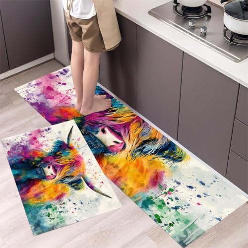 Alfombra de cocina de vaca de las tierras altas pack de 2 tapetes lavables multicolor 45x150cm 3