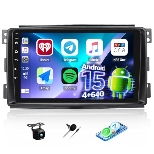Android 15 4G+64G CAMECHO Autorradio para Mercedes-Benz Smart Fortwo 2005-2010 con Carplay Android Auto, pantalla táctil de 9 pulgadas 2Din con Mirror Link Bluetooth GPS WIFI FM/RDS EQ SWC +Cámara&MIC