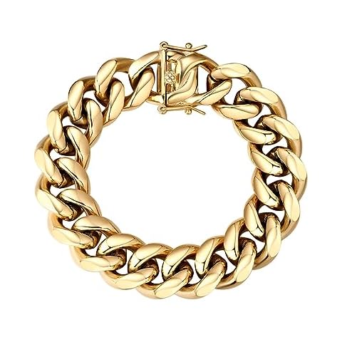 GOLD IDEA JEWELRY Hip Hop 14K Cuban Link Chain 5 Times Real Gold Plated Heavy Solid 8mm-18mm Miami Cuban Link Chain Stainless Steel Necklace or Bracelet for Men (8.5, 14mm) Cover