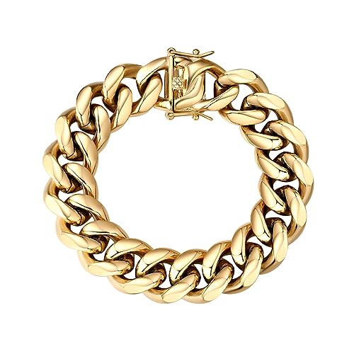 GOLD IDEA JEWELRY Hip Hop 14K Cuban Link Chain 5 Times Real Gold Plated Heavy Solid 8mm-18mm Miami Cuban Link Chain Stainless Steel Necklace or Bracelet for Men (8.5, 16mm)
