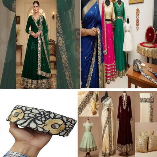 Image of Balar Creation Golden Mirror Work Lace Border Material 2 inch Width 9 Meters - Designer Cutwork Embroidery Gota Patti Silver Zari Trim Stone Laces for Saree, Suits, Blouse, Hijab, Dress, Lehenga & Dupatta (Black)