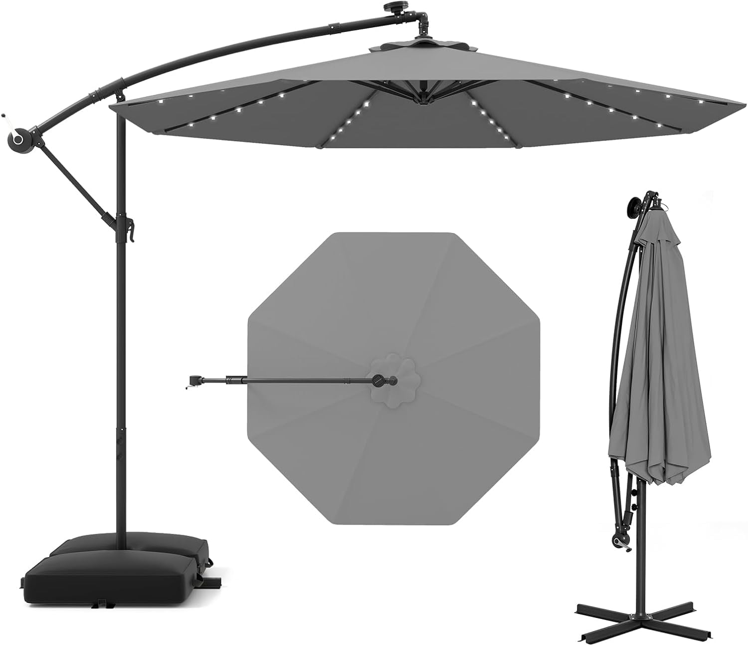 RELAX4LIFE Ampelschirm 300 cm mit 40 LED-Solar-Beleuchtung, Sonnenschirm Neigbar mit Kurbel, Kurbelschirm mit Ständer Sandsäcke(2 x Beutel befüllbar), Gartenschirm UV-Schutz (Dunkelgrau)