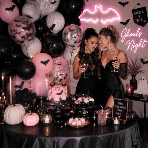 Image of HILAVO Pink Halloween Balloons Pastel Pink and Black Bat Balloons | for A Little Boo Baby Shower Ghouls Night Booday Spooky One Birthday Girly Halloween Party
