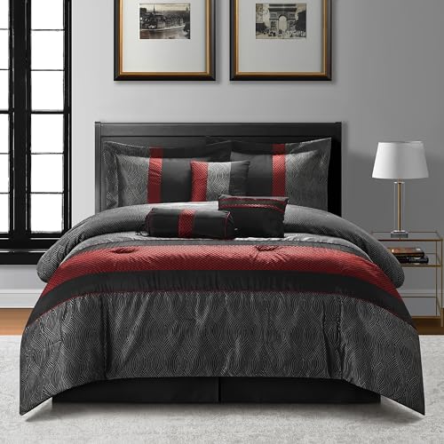 Stratford Park Red and Black Comforter Set California King, Jacquard & Flocking Technique, Modern Design All Season Striped Bedding Sets, 7 Pieces Home Decor