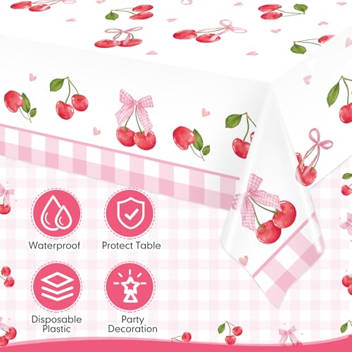 Image of Ganeen 3 Pcs Pink Bow Cherry Tablecloths Cherry Birthday Decorations Disposable Plastic Bow Rectangle Table Cover Waterproof for Birthday Baby Shower Mother's Day Wedding Party Supplies, 54 x 108 Inch