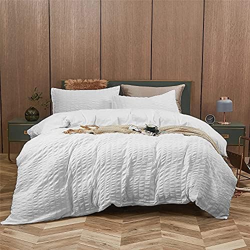 Seersucker Duvet Cover with Pillow Cases White Bedding Bed Set 100% Cotton Waffle Quilt Covers Double King Super King Size (King, White)