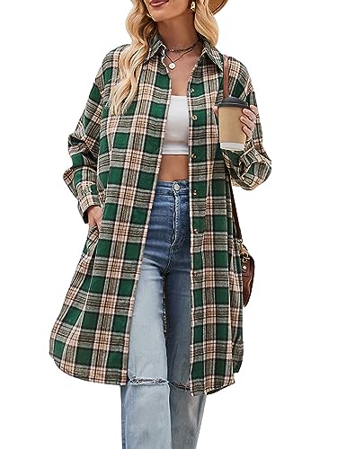 Bozanly Oversized Mid Long Plaid Flannel Shirts for Women Lapel Long Sleeve Check Blouse with Pockets