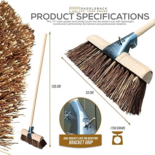 Saddleback Yard Broom Outdoor Heavy Duty, 13 Saddle Broom Curved Top Stiff Broom with Bassine/Cane Bristles, Metal Broom Clamp, and Long Wooden Handle, Hard Bristle Broom for Stables & Farm Yards