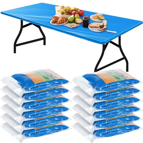Image of Boao 12 Plastic Elastic Fitted Tablecloths, 4 Ft, 48 x 24 Inch, Blue
