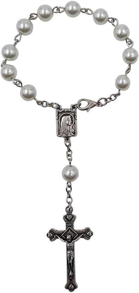Treasure4U-Store One Decade Auto Rosary for Rearview Mirror White Pearl Glass Beads Catholic Bracelet Our Lady of Lourdes Centerpiece Religious Gift Car Truck Travel Protection - Image 3