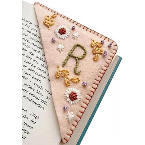 26 Letters Personalized Hand Embroidered Corner Bookmark, Felt Triangle Page Stitched Corner Handmade Bookmark,Unique Cute Flower Letter Embroidery Bookmarks Accessories for Book Lovers (R, Spring) Cover