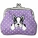 [ BOSTON TERRIER ] Cute Embroidered Puppy Dog Buckle Coin Purse Wallet [ Purple Polka Dots ]
