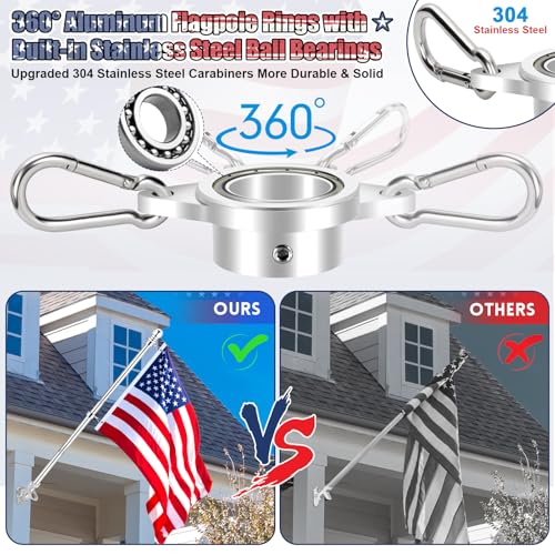 7 FT Flag Pole Kit with Bearings Rings Holder, 360° Anti-Wrap Spinning Flagpole 1" Metal Flag Poles with Rotating Bearing Steel Ball Ring Clips & 2-Position Bracket for Outside House Porch Wall Mount by REERON - Used condition - Image 5