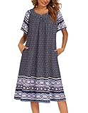 Ekouaer Womens Nightgown Short Sleeve House Dress with Pockets-Floral Print Mumu Dress Floral Navy Blue, XX-Large