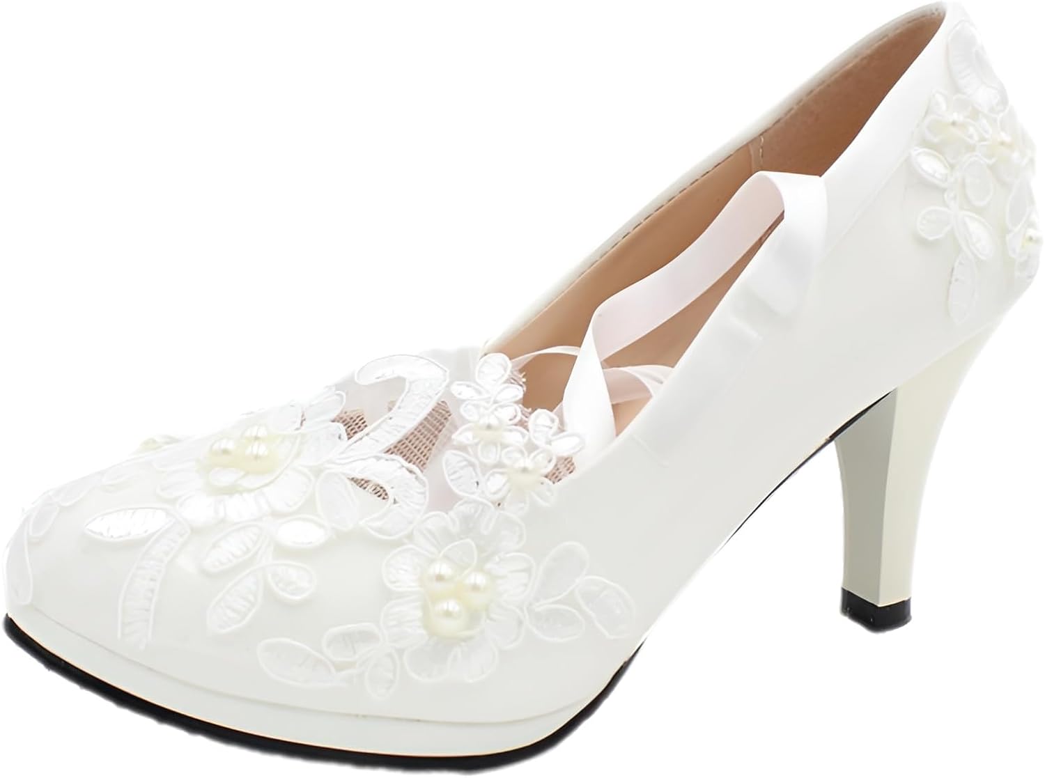 ANUFER Womens Elegant Lace Embroidery Flat/Heeled White Wedding Shoes Pumps with Pearls