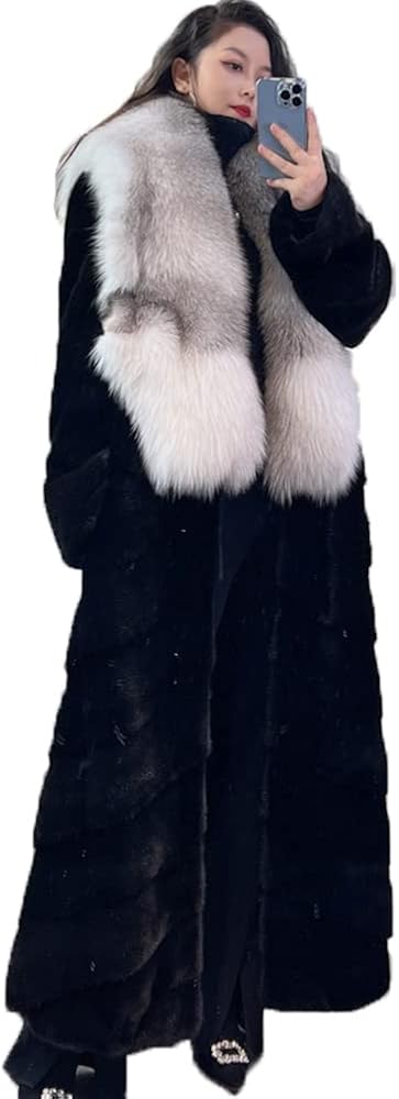 Denny&Dora Women's Mink Fur Coat Imported Black Mink Fur Coat With