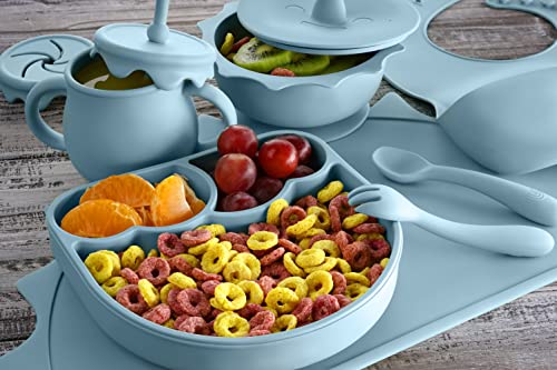 Baby Pastels - Baby Feeding Set - Baby Led Weaning Supplies - Silicone Suction Utensils/Cutlery/Dishes/Dinnerware For 6-36 Months - Bowl, Plate, Spoon Fork, Bib, Placemat, Cup 11 Pieces (Pastel Blue) #TOP5