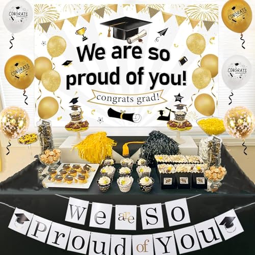 Sursurprise Graduation Decorations 2025, White Gold We Are So Proud of You Backdrop Banner, Congrats Balloons - Image 3