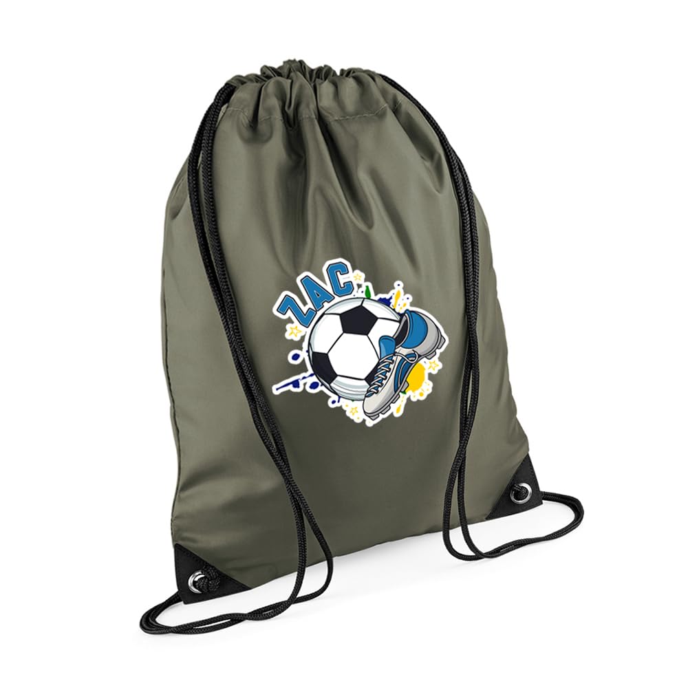 Personalised footballer Bag Gift, Best Football Player Gift, Football Game Gift, Drawstring Bag, PE Gym Kit Swimming, Sport Rucksack. (Olive Green)