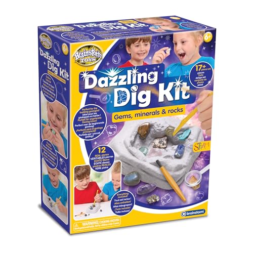 Brainstorm Toys Dazzling Dig Kit – 17+ Piece Excavation Set with 12 Real Gemstones, Rocks & Minerals | STEM Geology Kit with Tools & Storage Bag