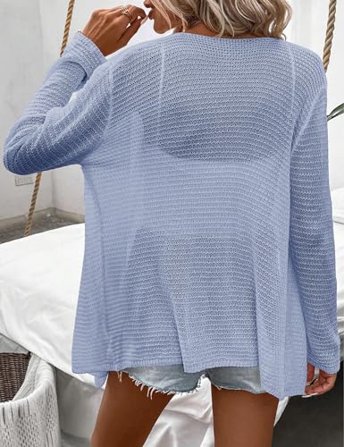 SECRETEYARD Womens Lightweight Crochet Cardigan Sweater Rib Knit Open Front Sweater Coats Blue — view 5