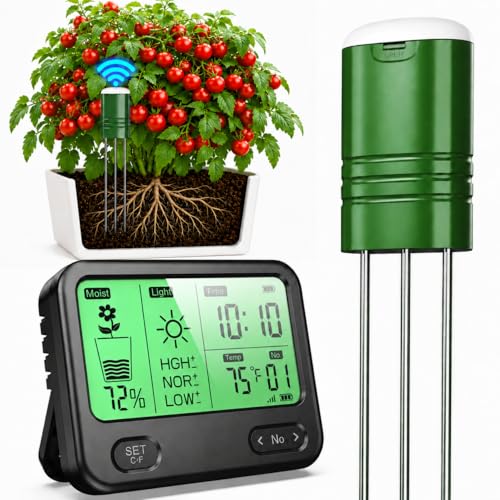 Soil Moisture Meter for Plants,4-in-1 Wireless Soil Tester,Soil Thermometer/Moisture/Sunlight Time,Large