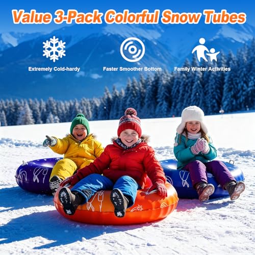 SOLAVERO 3Pack Snow Tubes for Kids and Adults with Hard Bottom & Handles - Inflatable Sleds with Space-Themed, Heavy Duty Sledding Tubes Perfect for Outdoor Family Winter Fun & Christmas Gifts