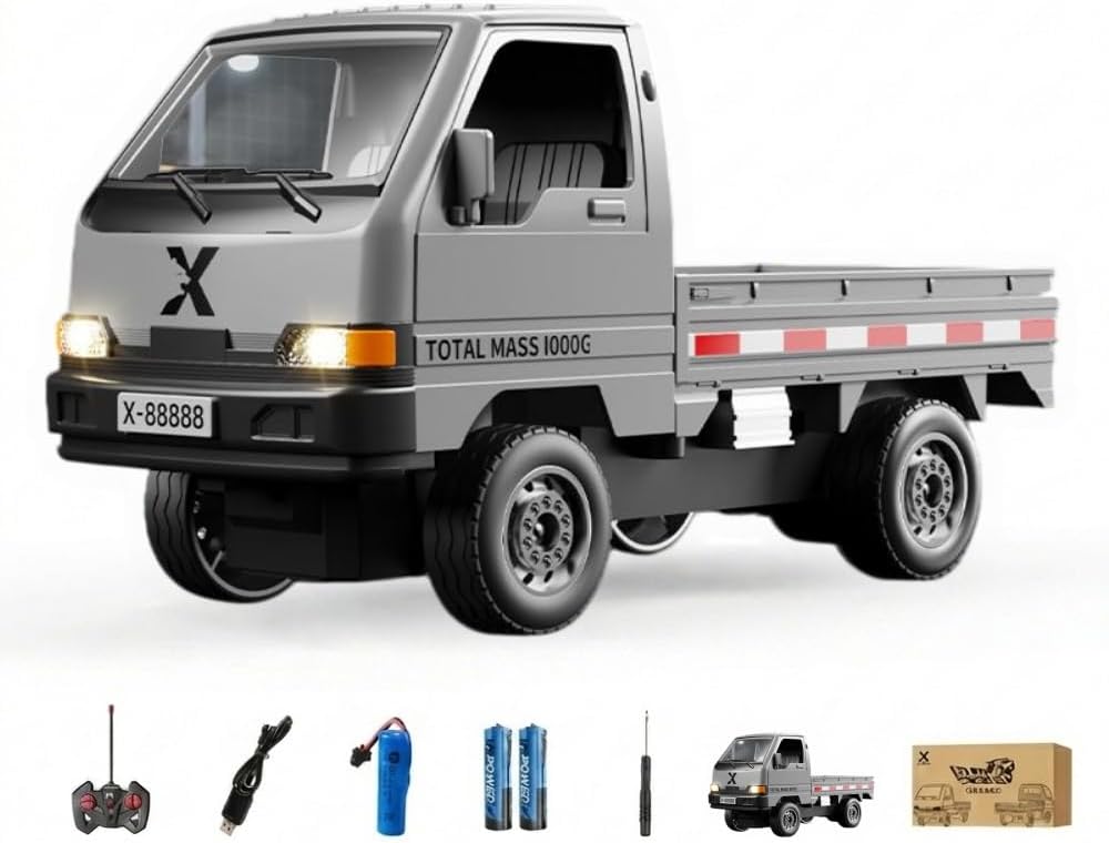 DVZV ラジコン 軽トラック RCカー 2.4GHz リモコンカー LEDライト搭載 効果音付き ドリフト走行 デモモード対応 DIY可能 ミニカー スケールモデル トラックおもちゃ 男の子向け 小学生 中学生 誕生日 プレゼント 日本認証済み (ダンプ式,ブラック)