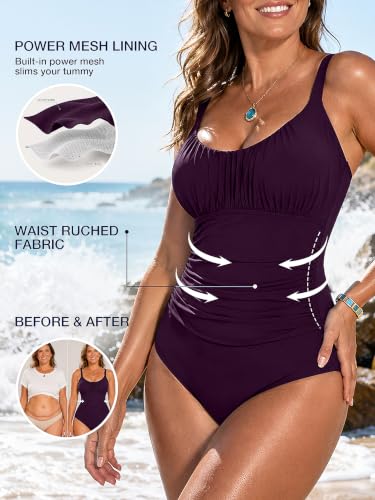 Image of One Piece Swimsuit for Women Tummy Control Bathing Suits Ruched Swimwear