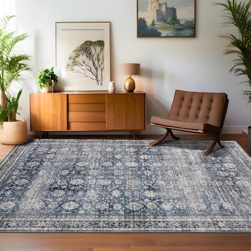 GarveeHome Living Room Rugs 10x13 Large Vintage Printed Area Rugs with Non-Slip Backing, Stain-Resistant Oriental Accent Rugs, Washable Farmhouse Low Pile Rugs for Bedroom, Office, Blue