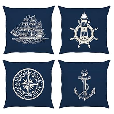 Bonhause Nautical Navy Blue Pillow Covers 18 x 18 Inch Set of 4 Anchor Lighthouse Sailboat Compass Decorative Pillow… 51o7qq7K0DL. SS400