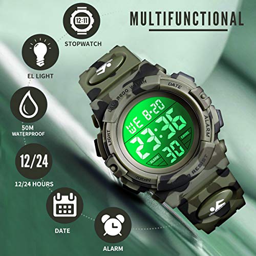 Kid's Watch,Army Green Camouflage Boys Sports Watch Led Digital Military Outdoor Multifunction Led 50M Waterproof Alarm Calendar Watch For Children Over Three Years Old With Silicone Band #TOP1