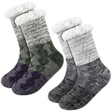 Boao 2 Pairs Women Warm Slipper Socks Christmas Fuzzy Winter Fleece Socks with Grip Lined Non Slip Slipper Gift(Grey and Green)