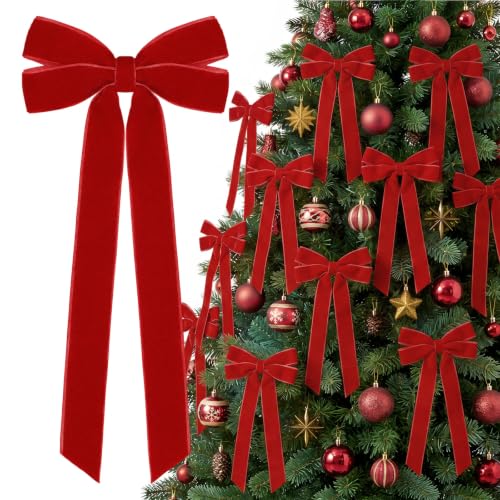 12Pcs Red Velvet Ribbon Bows Christmas Tree Decorations,5in x 10in Xmas Ornaments for Tree Home Party Front Door Wreath Holiday Decor