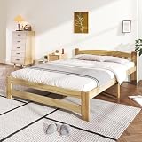 okwish Lit double en bois de pin massif 140 x 200 cm avec tête de lit et sommier à lattes, lit futon de style maison de campagne pour enfants, adolescents, adultes et chambres d'amis, naturel