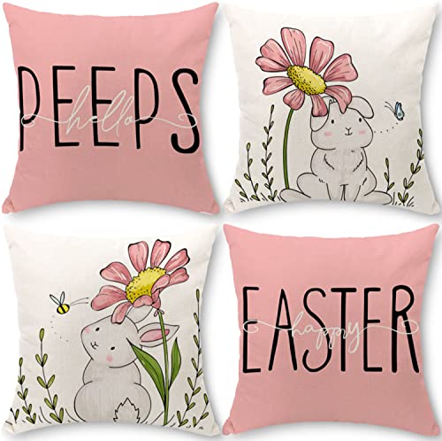 Cirzone Juego de 4 fundas de cojín de Pascua, 40 x 40 cm, decoración de Pascua, color rosa, conejo, decoración para el hogar, sofá, jardín, dormitorio Cover