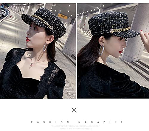 Women Plaid-Tweed Newsboy-Baker-Boy Hat Captain-Sailor Fisherman Hat Peaked-Beret With Chain Black #TOP2