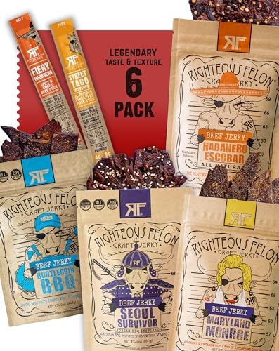 Righteous Felon Beef Jerky & Meat Sticks Variety Pack | Gluten Free Beef Jerky Snack Packs for Adults | High Protein, Keto, Low Sugar | Made with Premium Meats | Gifts for Men | Spicy Jerky 6 Pack
