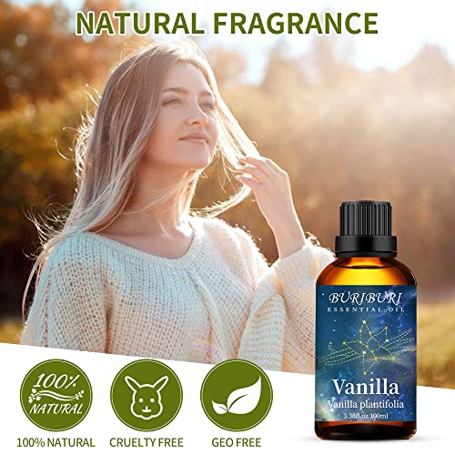 Image of BURIBURI 100ML Vanilla Essential Oil, 100% Pure Undiluted Aromatherapy Vanilla Oil 3.38fl.oz for Soap, Candle Making, Massage, Diffuser, Humidifier