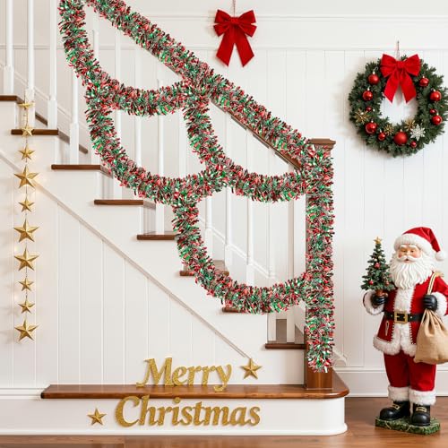 Image of 50FT Christmas Tinsel Garland, Red Green&Silver Metallic Twist Shiny Hanging Garland Ornaments for Christmas Tree, Party Supplies Thick Metallic Xmas Streamers