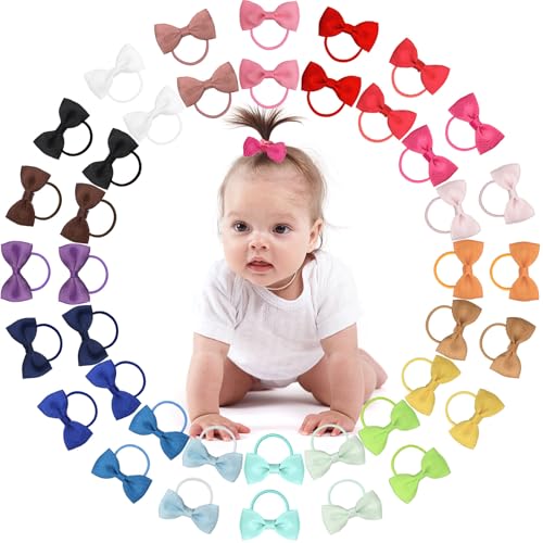 CÉLLOT 40Pcs 2 Inches Baby Bows Hair Ties Mini Boutique Hair Bows Durable Elastic Rubber Ribbon Hair Band Accessories for Toddlers Infants Kids Under 2 Years Old