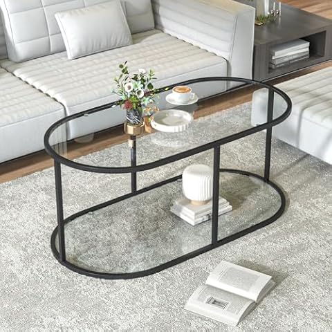 Wolawu Coffee Table Black Glass Coffee Table for Living Room,2 Tiers Oval Center Table with Sturdy Metal Frame,Modern Tempered Glass Accent Table for Bedroom Home Office Cover